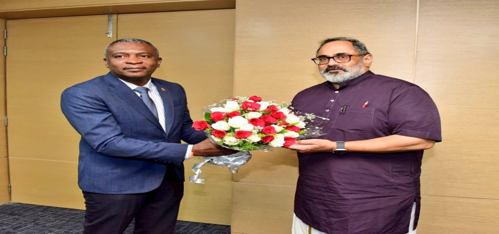 Senator the Honourable Hassel Bacchus, Minister of Digital Transformation of the Republic of Trinidad and Tobago meeting with the Minister of State for Information Technology of the Republic of India, Shri Rajeev Chandrasekhar on August 17, 2023.